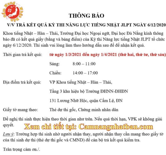 Lịch trả chứng chỉ, bằng thi JLPT 12/2020 ở Việt Nam Đà Nẵng