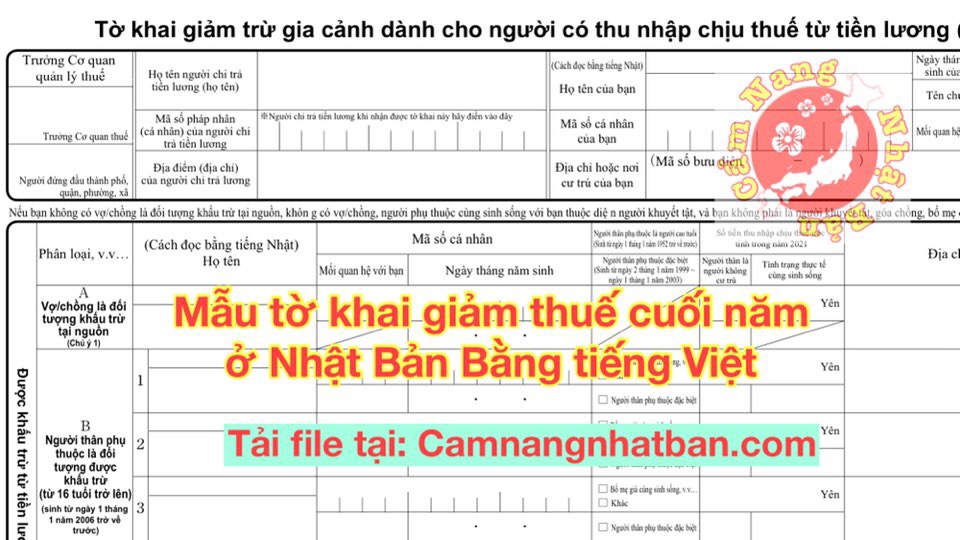 Mẫu các tờ khai điều chỉnh giảm thuế cuối năm 2021 ở Nhật bản tiếng Việt