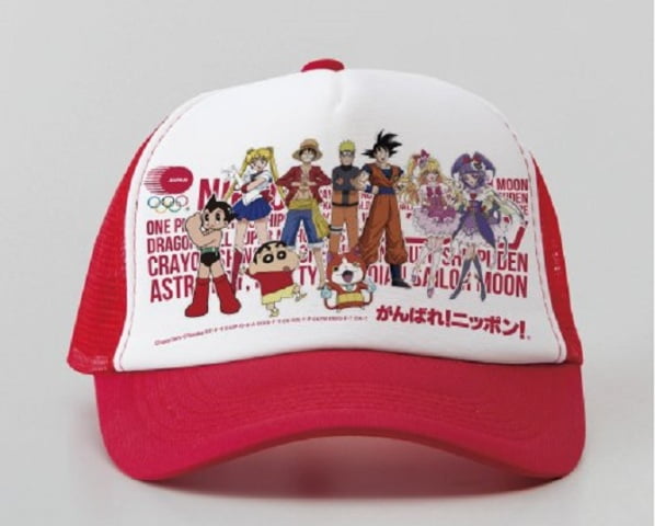 Mũ lưu niệm có in hình 9 nhân vật truyện tranh được bình chọn làm đại sứ của Nhật Bản tại Olympic 2020.