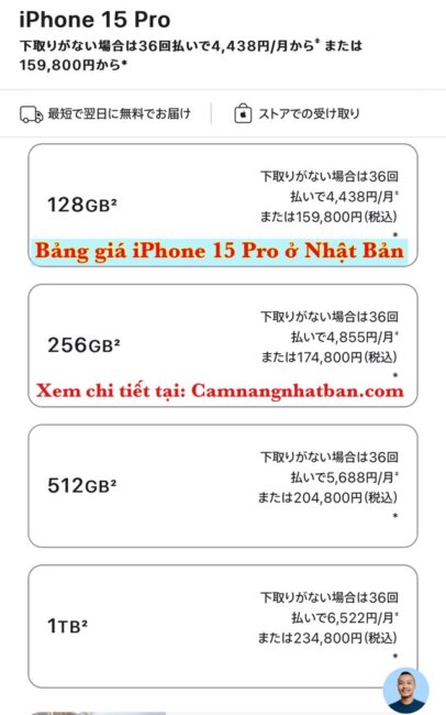 Bảng giá iPhone 15 Pro ở Nhật Bản bản Quốc tế