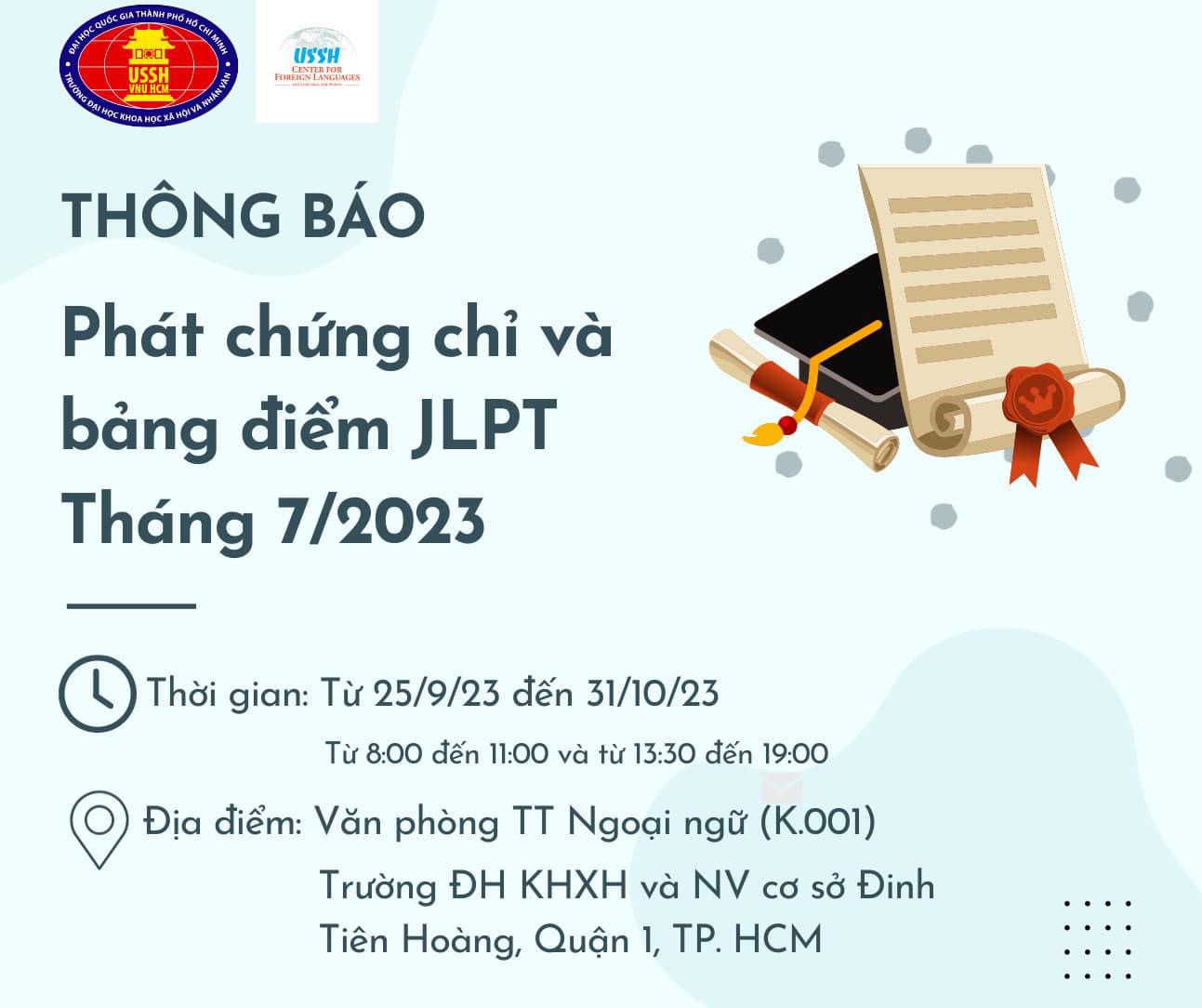 Thời gian Trả chứng chỉ và bảng điểm thi JLPT 7/2023 ở Việt Nam Ở các khu vực Hà Nội, Huế, Đà Nẵng và Hồ Chí Minh.
