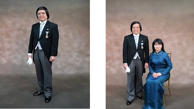 GS Trần Văn Thọ và phu nhân sau khi được trao Huân chương Thụy Bảo Tia Vàng /// Ảnh: Đại sứ quán Nhật Bản cung cấp