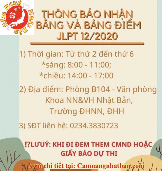 Lịch trả chứng chỉ, bằng thi JLPT 12/2020 ở Việt Nam Huế