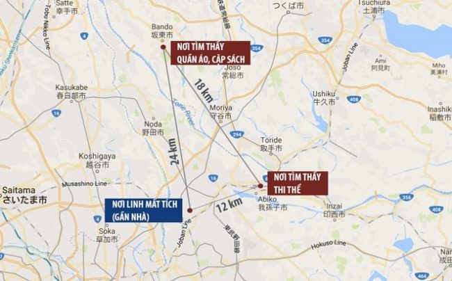 Sơ đồ vị trí vụ sát hại bé Nhật Linh. Xe của nghi phạm Shibuya xuất hiện ở cả nơi tìm thấy các vật dụng lẫn bờ sông nơi phát hiện thi thể Linh. Ảnh: Google Maps.