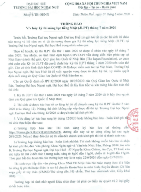Thông báo hoàn trả tiền lệ phí thi JLPT 7/2020 ở Huế